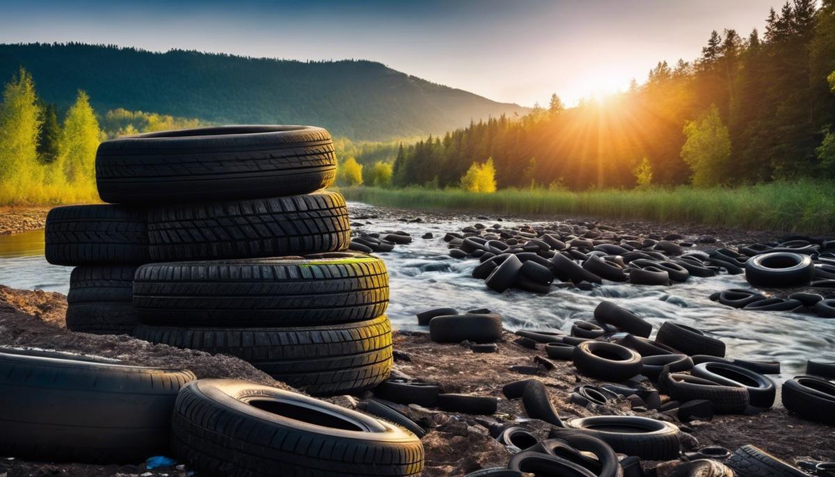 A pile of discarded car tires and a polluted river to illustrate the problem of improper waste disposal in the automotive industry