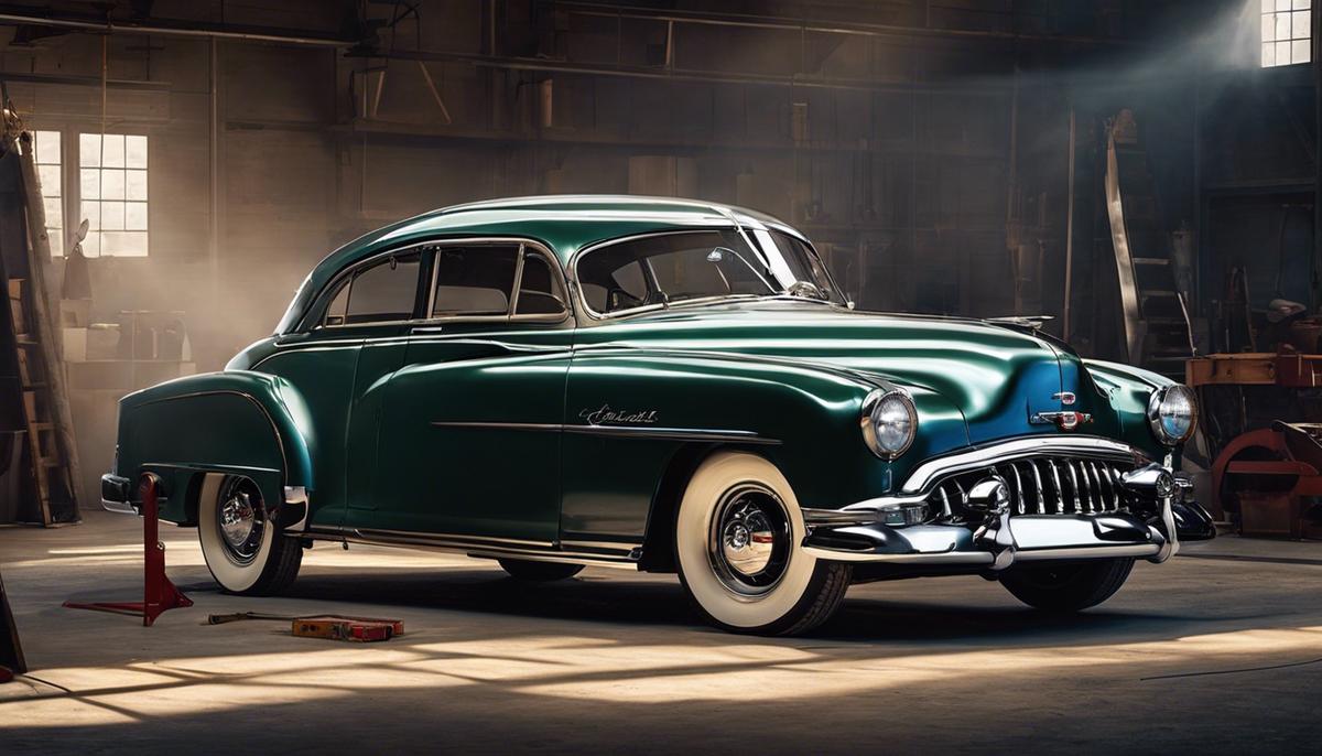 An image of a classic car being restored, showing skilled artisans working on the vehicle.
